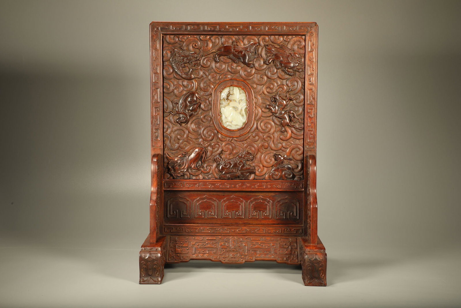 A Chinese Carved Hardwood Table Screen with Jade Inlaid: Ht. 36cm, Lg. 25cm, Wd. 18cm