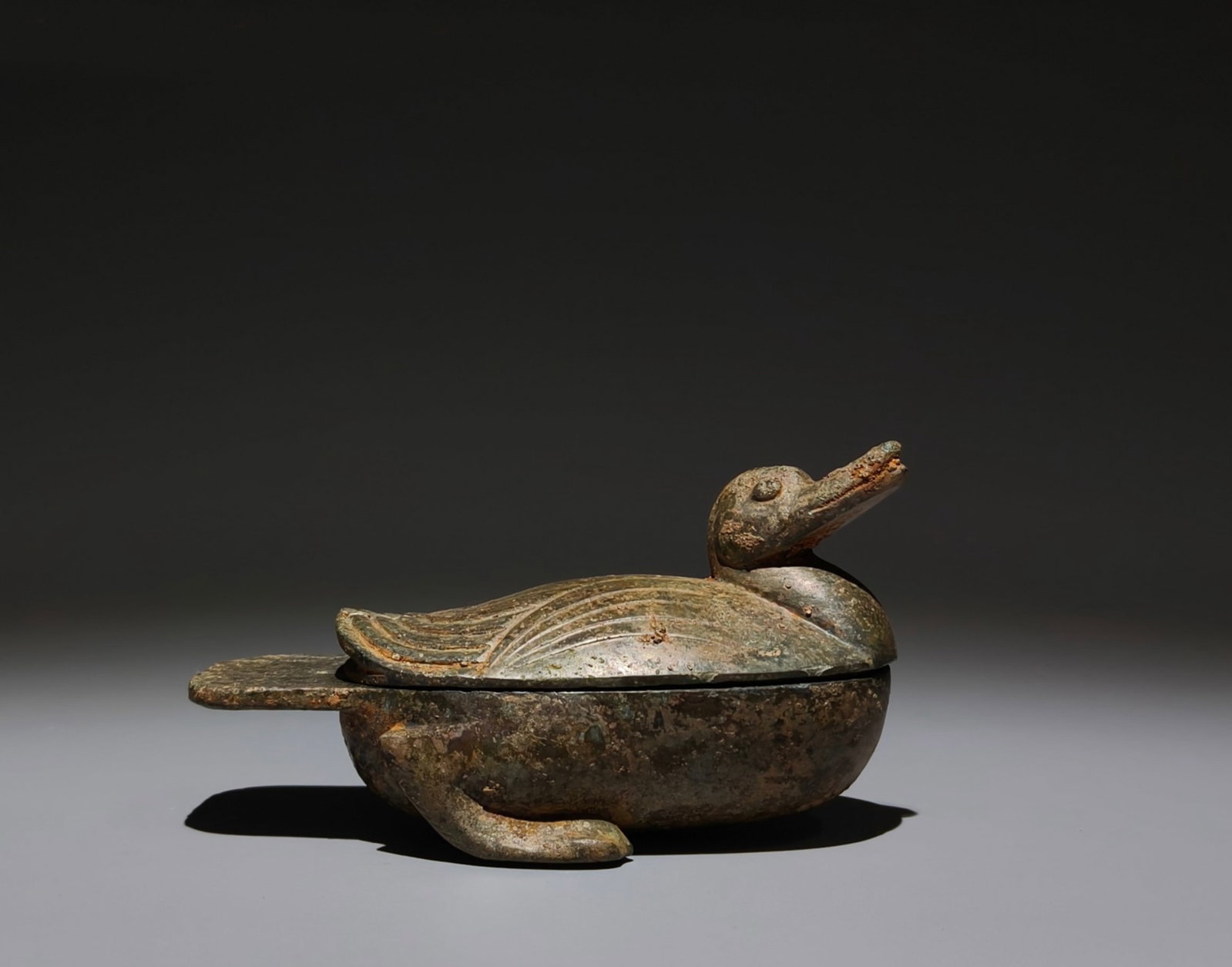 A Chinese Duck-Shape Bronze Box with Lid: Ht. 8.5cm, Lg. 14.5cm, Wd. 7.5cm