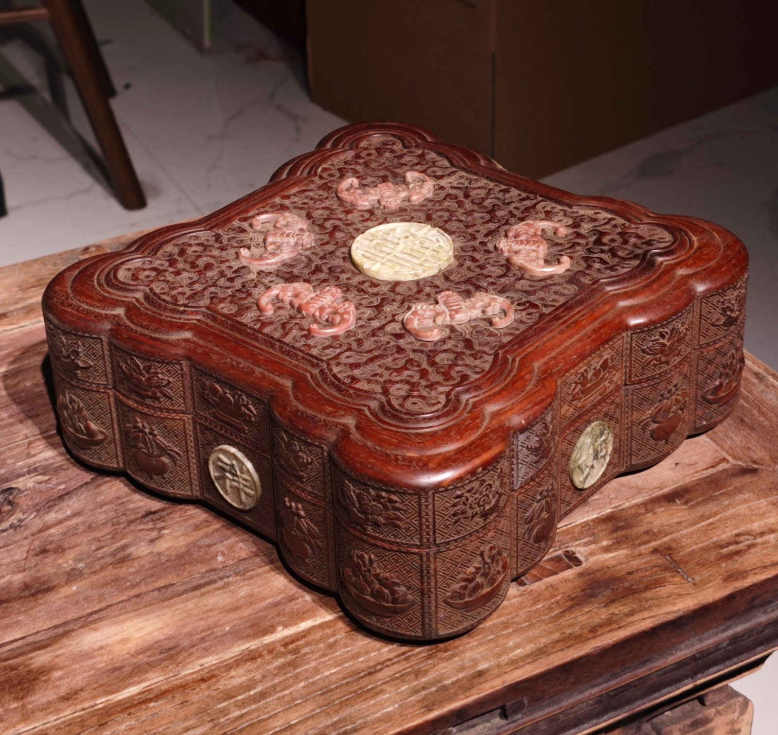 A Chinese Carved Hardwood Box with Lid and Carved Stone Inlaid: Lg. 26cm, Wd. 26cm, Ht. 10cm