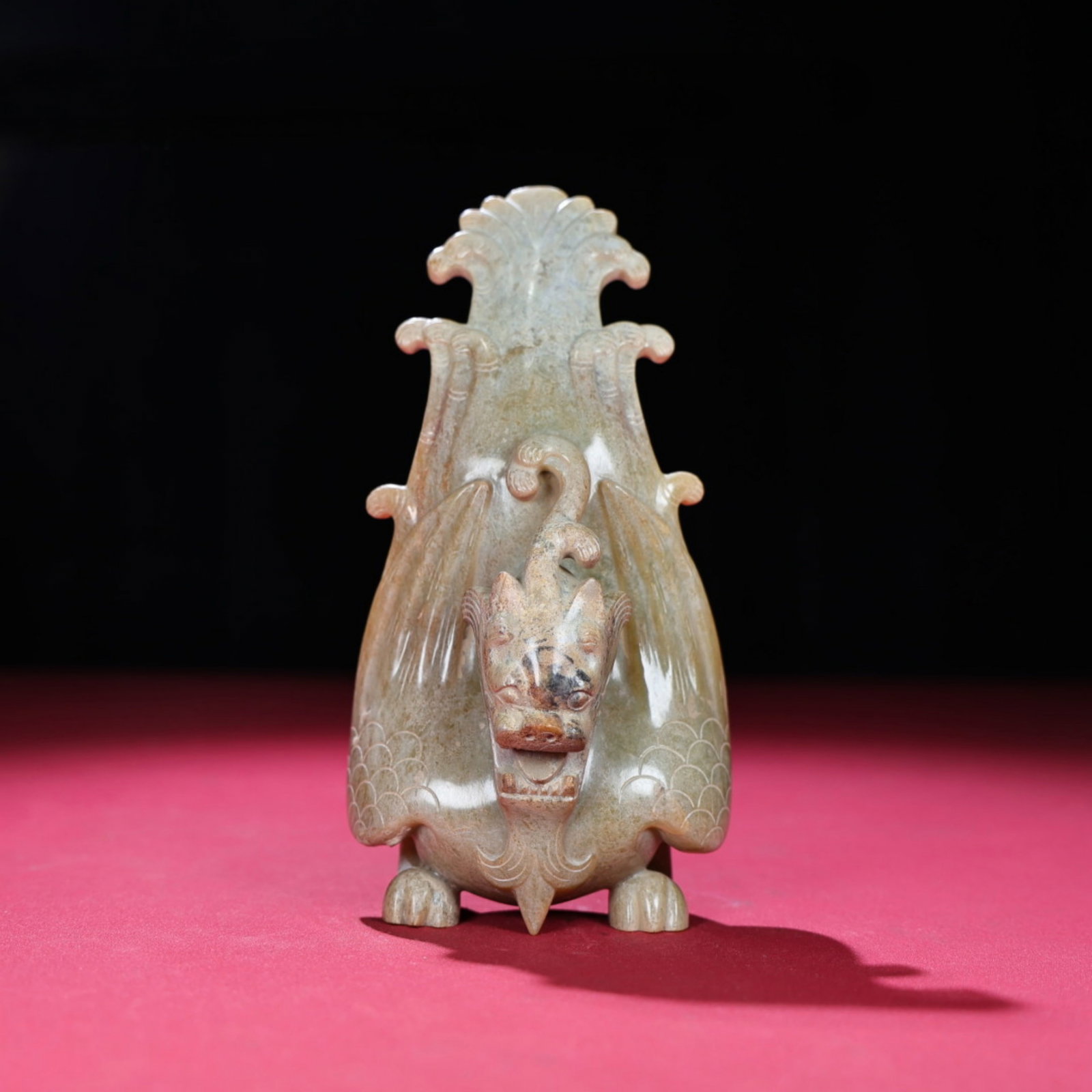 A Chinese Carved Jade Phoenix Statuette: Lg. 8.7cm, Wd. 5.3cm, Ht. 17.2cm, Wt. 580g