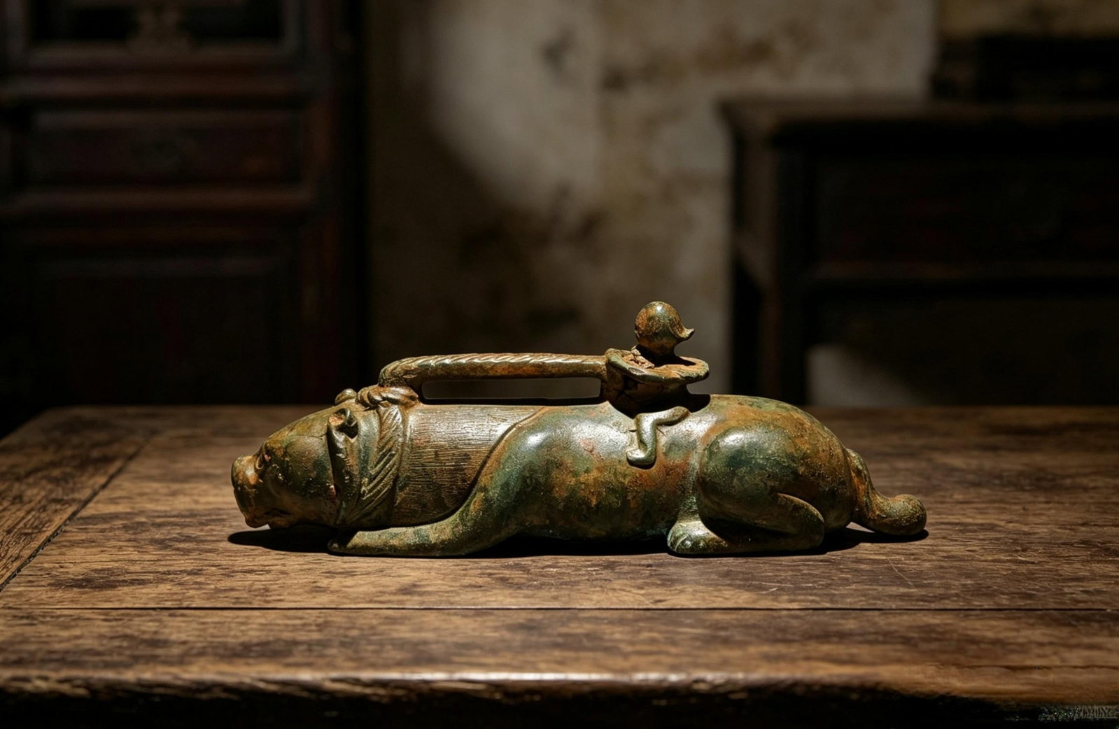 A Chinese Bronze Foo-Dog Statuette: Ht. 7cm, Lg. 20cm, Wd. 5cm