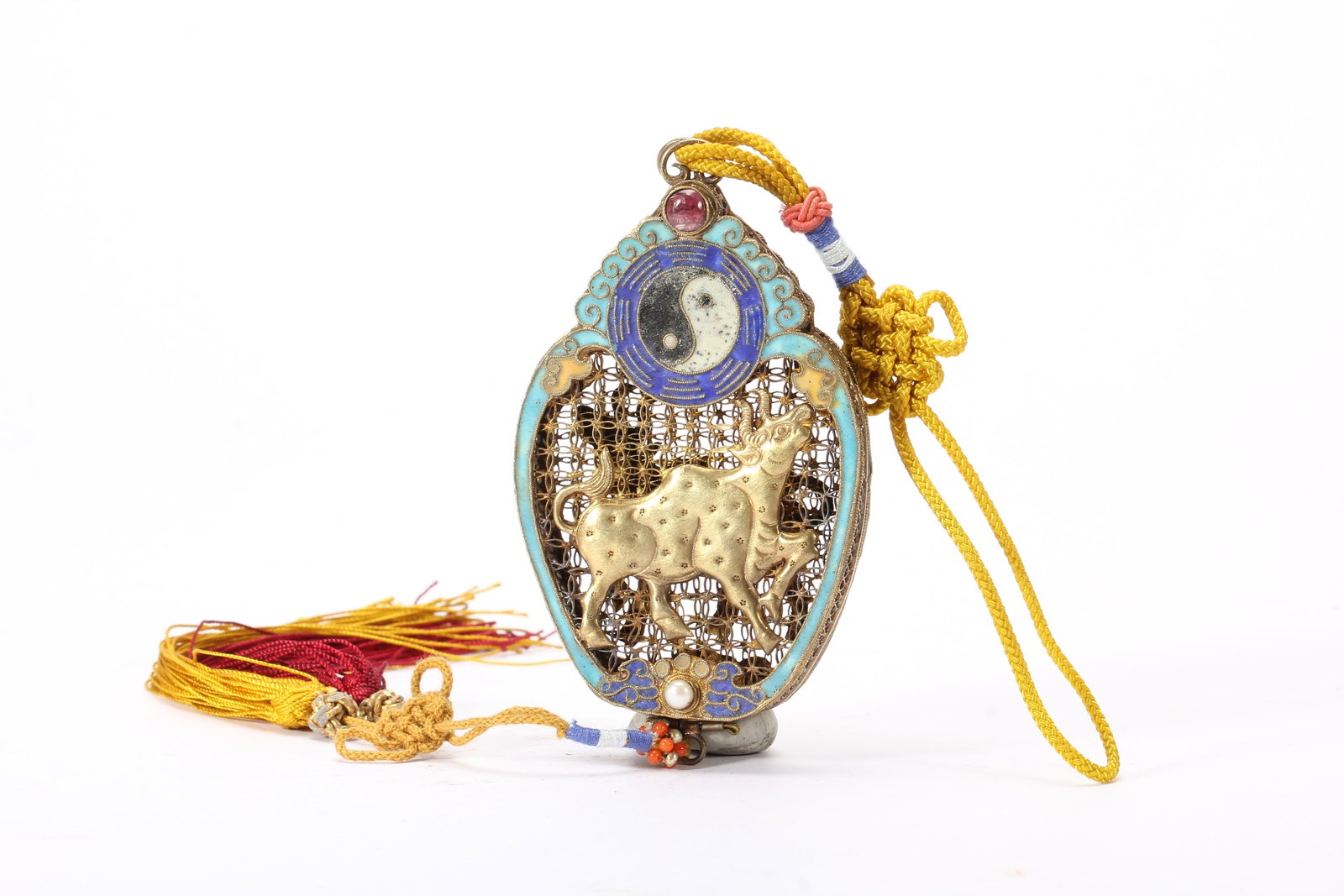A Chinese Gilt Bronze Cloisonné Pendant: Lg. 8cm, Wd. 4.5cm