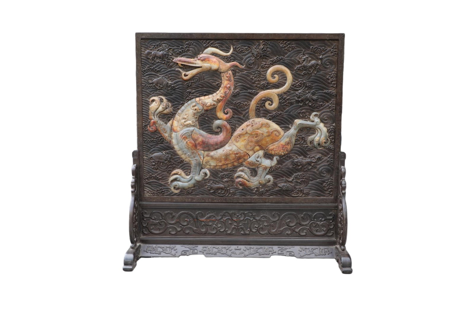 A Chinese Carved Hardwood Table Screen with Hard-Stone Inlaid: Ht. 100cm, Diam. 96cm, Wd. 36cm