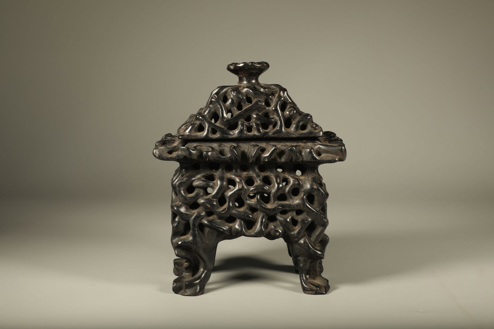 A Chinese Carved Hardwood Incense Burner with Lid: Lg. 13.5cm, Wd. 8cm, Ht. 16cm