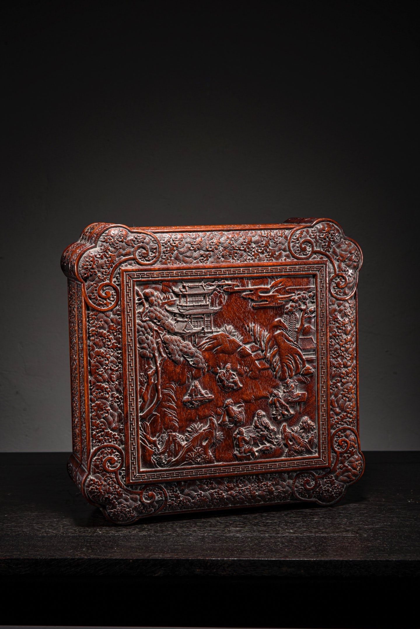 A Chinese Carved Hardwood Square Box with Lid: Lg. 25cm, Wd. 25cm, Ht. 9cm