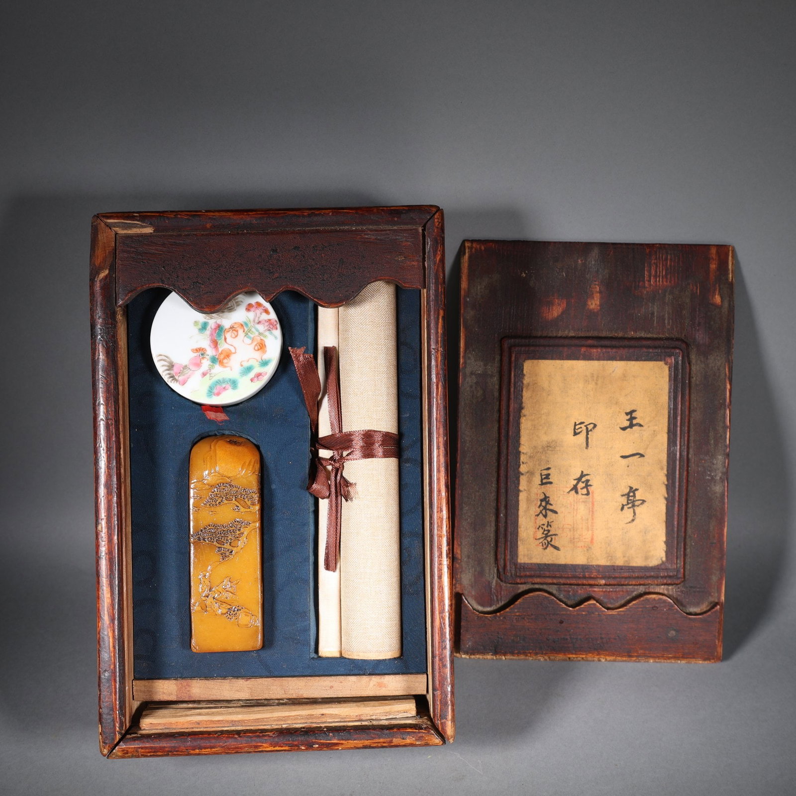 A Set of Chinese Scroll Painting, Famille-rose Porcelain Ink Pad, and Carved Stone Seal (1 of 10)