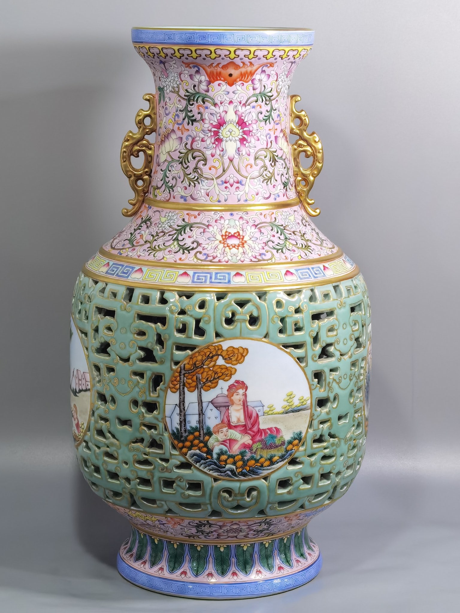 A Chinese Celadon Glazed Famille-Rose Porcelain Vase: Diam. 15.8cm, Ht. 48.8cm
