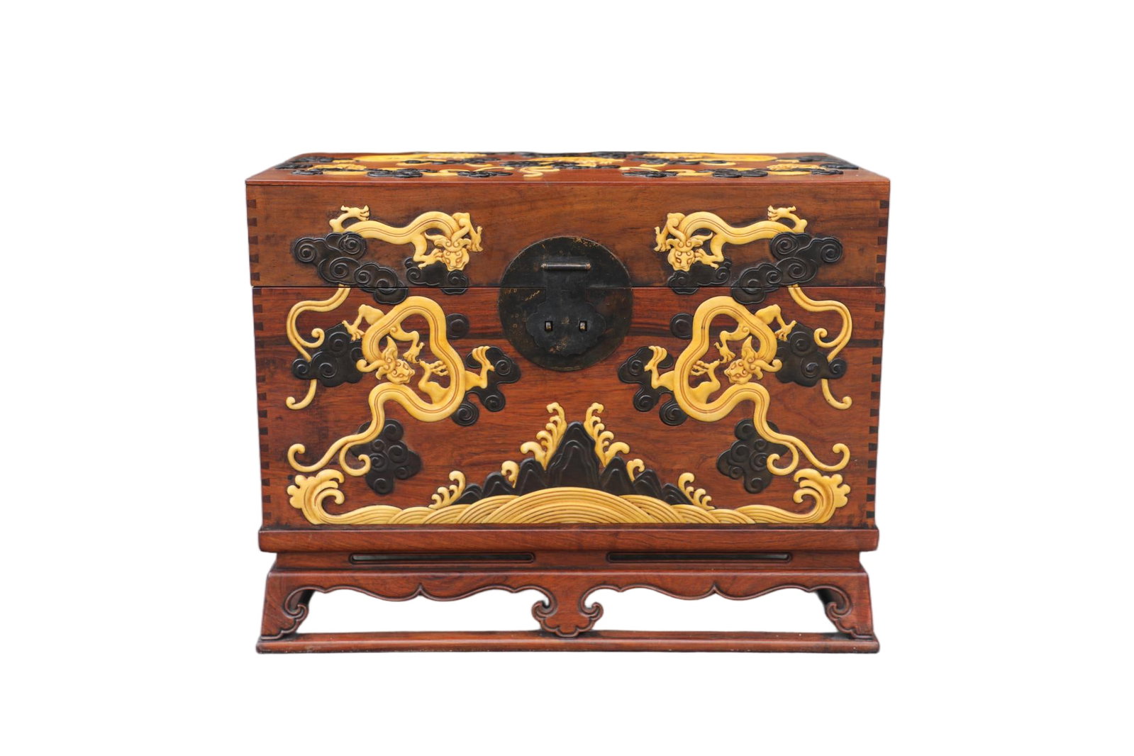 A Chinese Carved Hardwood Box with Hard-Stone Inlaid and Stand: Lg. 58cm, Wd. 35cm, Ht. 44cm
