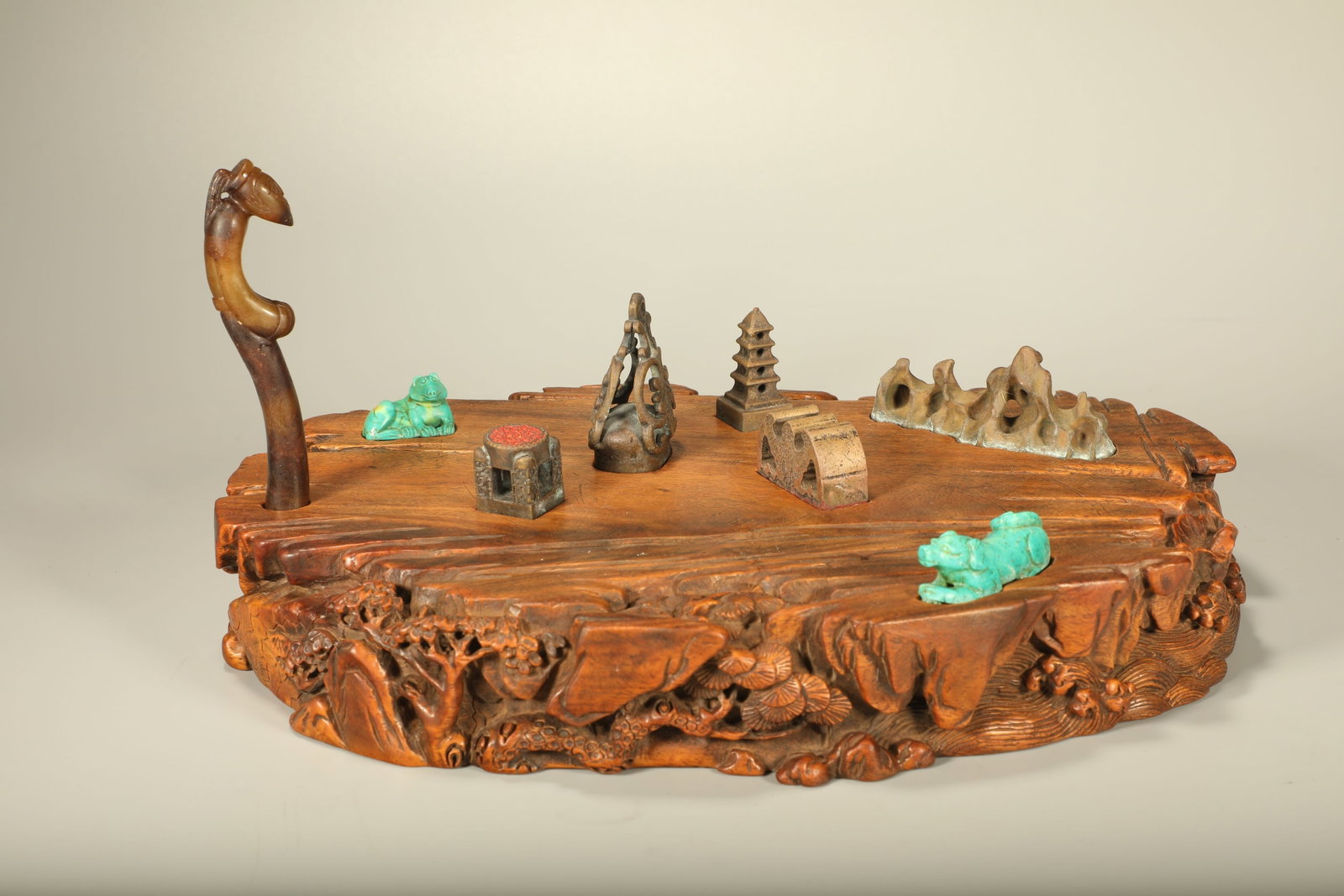 A Chinese Carved Hardwood, Turquoise and Stone Decoration: The Base, Lg. 31cm, Wd. 21cm, Th. 5cm