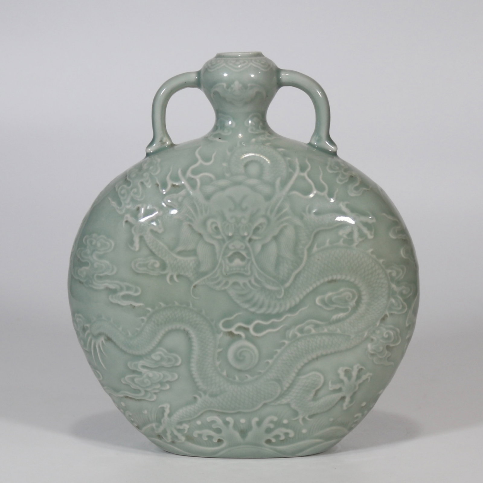 A Chinese Celadon Glazed Porcelain Moon Flask: Ht. 22cm
