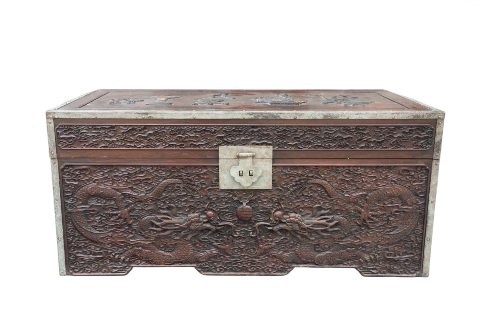 A Chinese Carved Hardwood Large Box with Lid: Lg. 94cm, Wd. 46cm, Ht. 42cm
