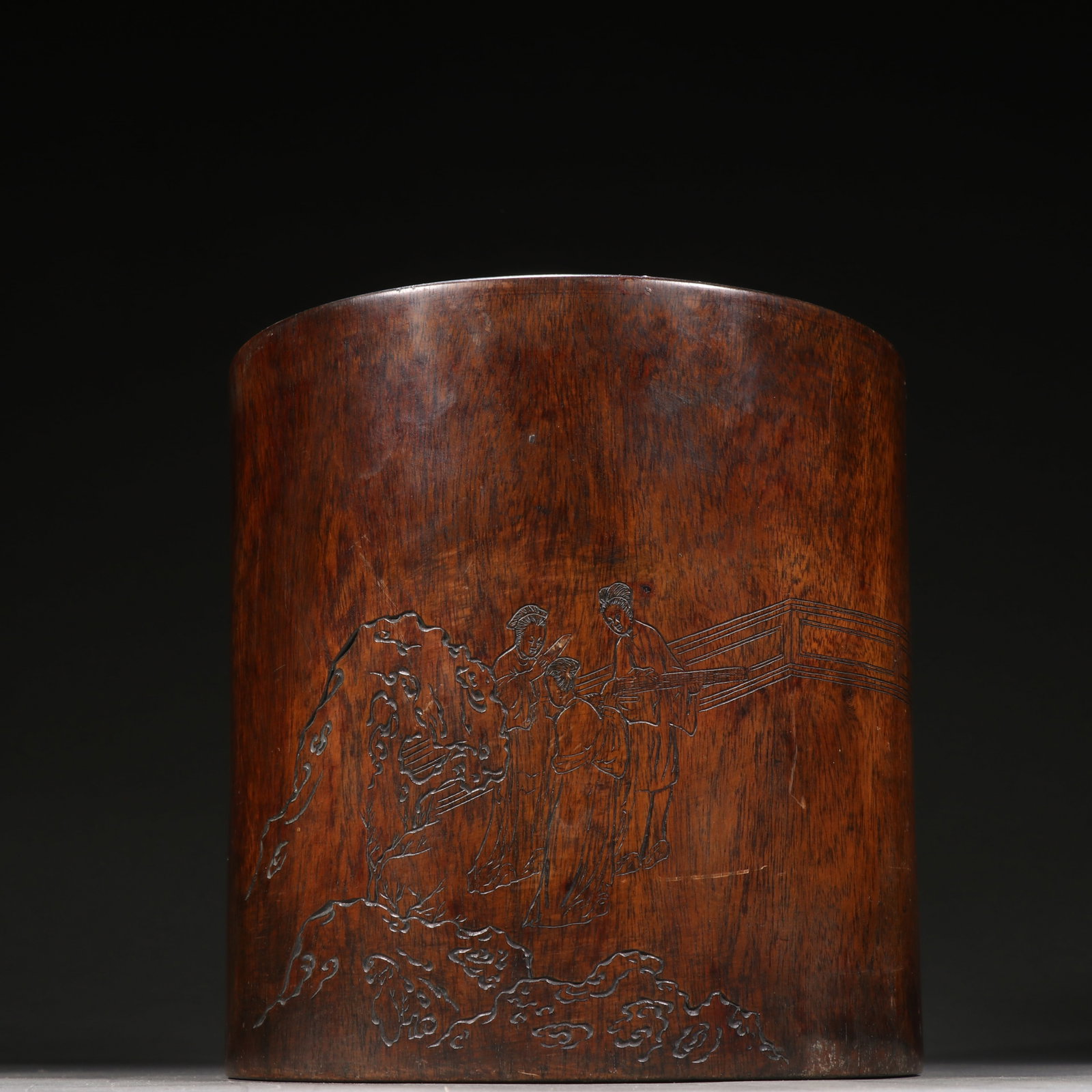 A Chinese Carved Hardwood Brush Pot: Ht. 19cm, Wd. 18.8cm, Wt. 1286g