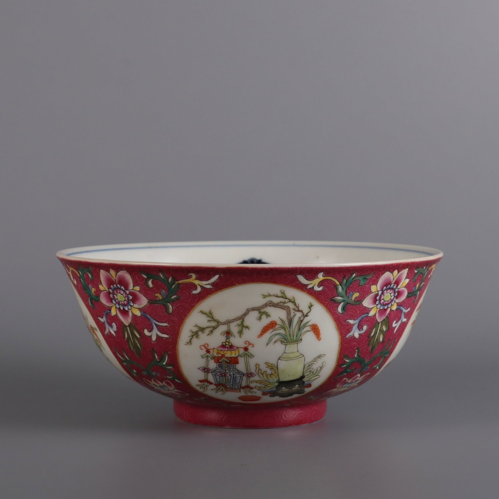 A Pair of Chinese Rouge-Red Ground Famille-Rose Porcelain Bowls: Ht. 6.6cm, Diam. 15.2cm