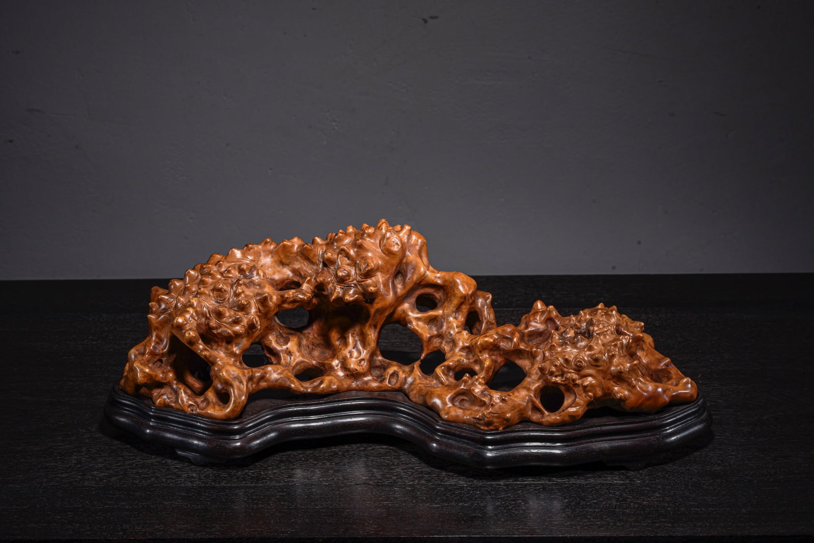 A Chinese Carved Hardwood Brush Rest: Lg. 37cm, Wd. 13cm, Ht. 12cm