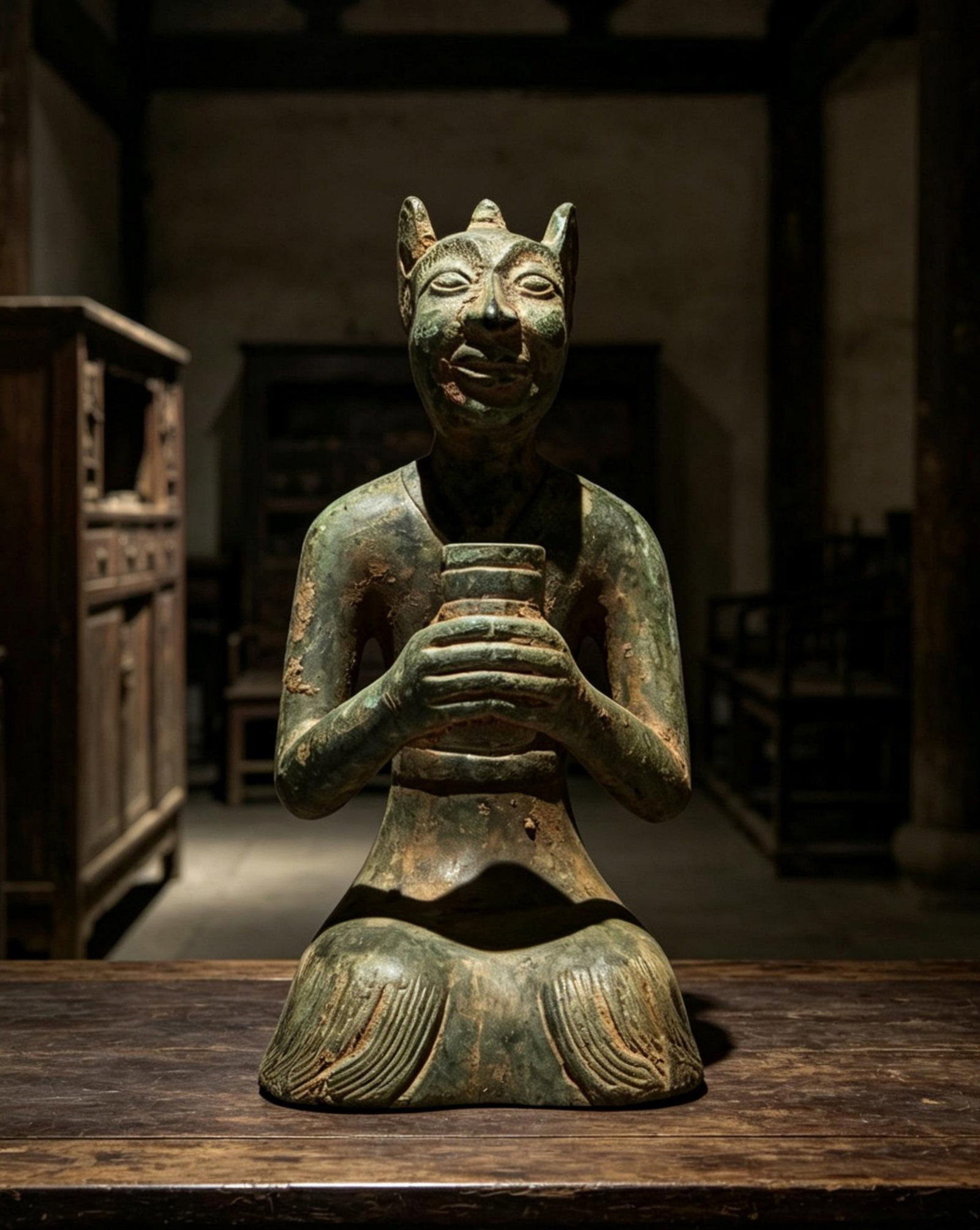 A Chinese Bronze Figure of Kneeling Man: Ht. 14cm, Lg. 7.5cm, Wd. 7cm