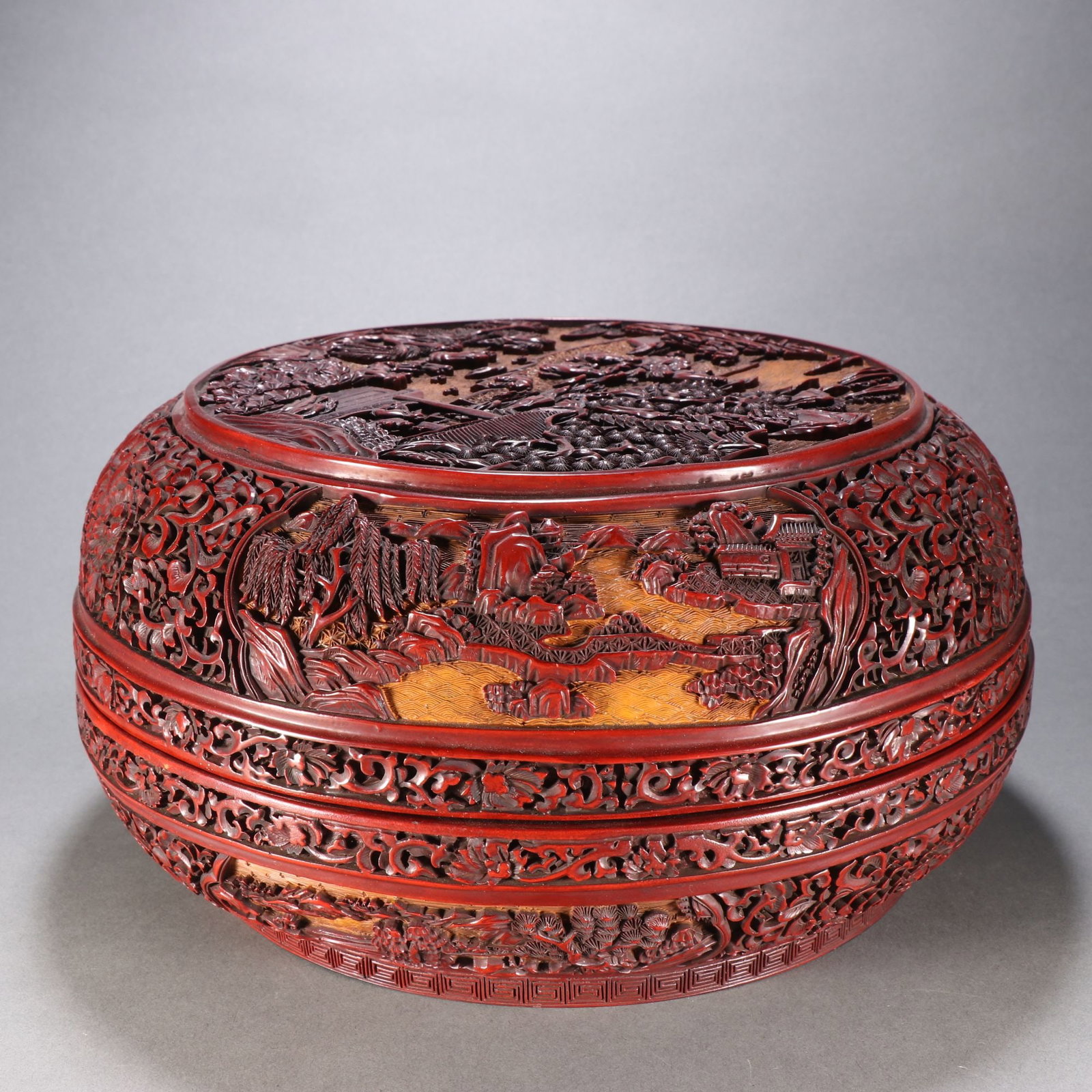 A Chinese Carved Tixi Lacquer Round Box with Lid: Ht. 14.8cm, Wd. 28cm, Wt. 2726.8g