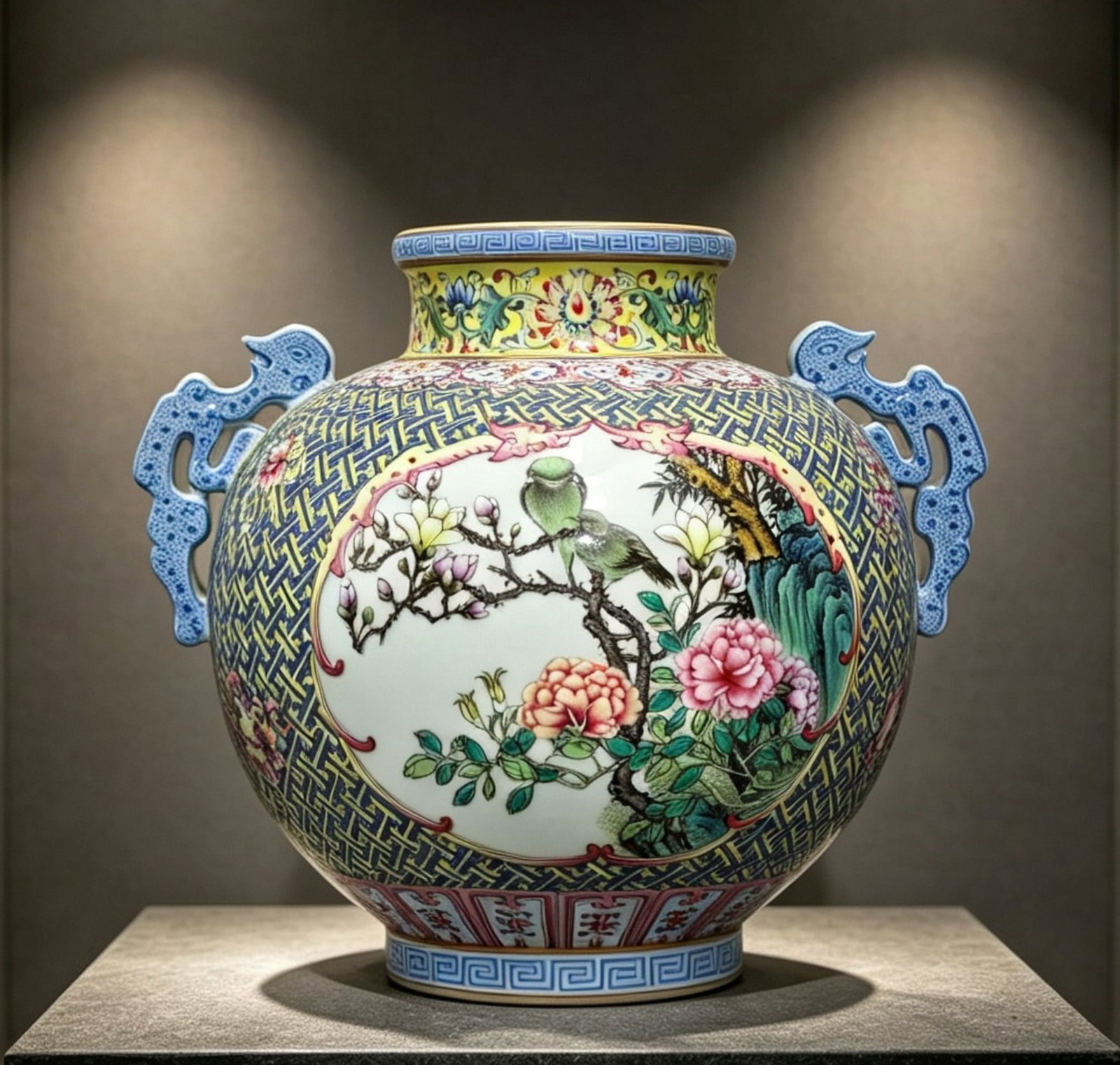 A Chinese Famille-Rose Porcelain Vase: Ht. 19cm, Diam. 23cm