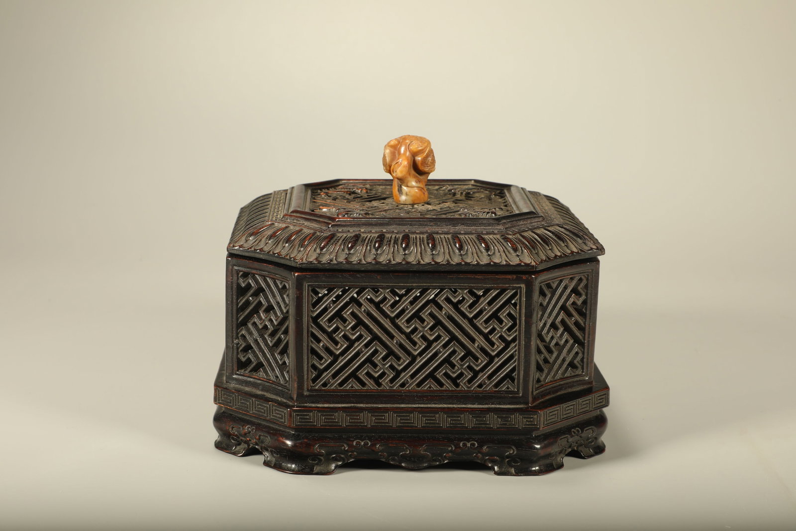 A Chinese Carved Hardwood Incense Burner with Lid: Wd. 15cm, Ht. 11cm