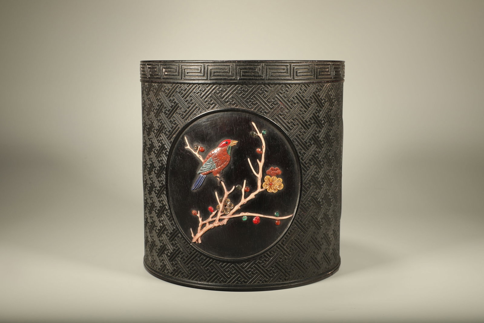 A Chinese Carved Hardwood Brush Pot: Ht. 20cm, Diam. 20cm