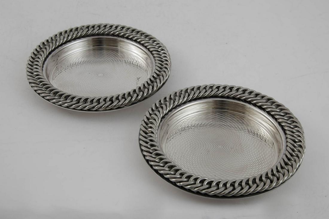 Hermes Silver Metal Wine Coasters 1930's: Hermes silver metal wine coasters engine turned with rope border circa 1930's signed Ravine D'Enfert 5" diameter.