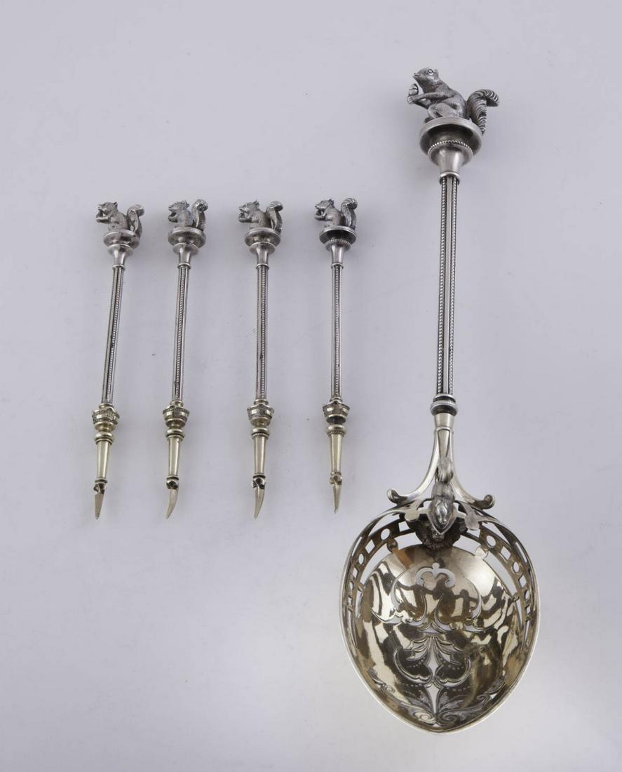 George Sharp Parcel Gilt Silver Nut Set 1865,: Rare partial gilt silver nut set George Sharp circa 1865 with two squirrels and angel face in scoop along with four squirrel nutpicks. Excellent condition 5 pieces, nutpicks-4 3/4L" nut scoop- 10"L, 7