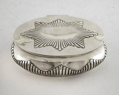 Star Top English Sterling Silver Inkwell with: English sterling silver inkwell with gadrooning, 1810-11, spurious marks for Hester Bateman 2 1/2"H x 6 1/2"L x 4"W Weight 12.2toz