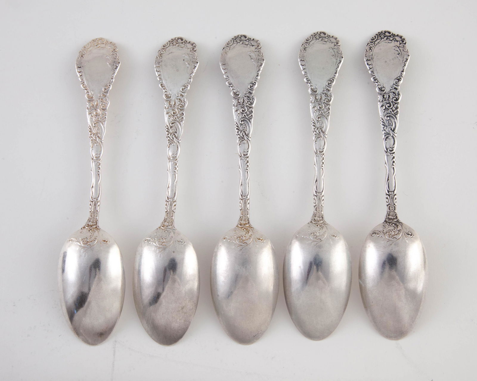 Wallace Silversmiths Louvre Sterling Silver Spoons: Set of 5 sterling spoons monogrammed K. 5 ? in L, 2.88 t.oz.