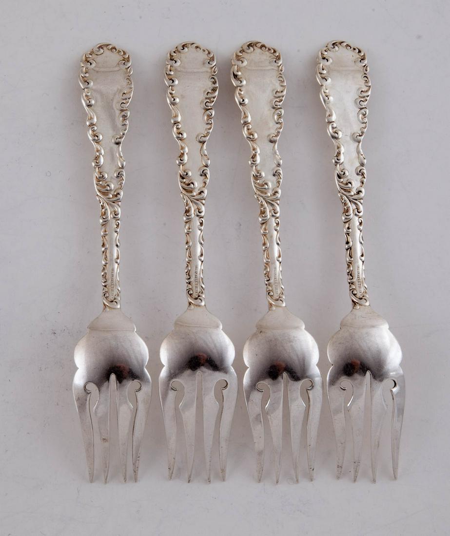 Wallace Silversmiths Waverly Sterling Silver Salad Forks: Set of 4 salad forks in the Waverly pattern 1890, monogrammed S on the handle, marked Hardy & S, Sterling. 6 in L, 3.37 t.oz.