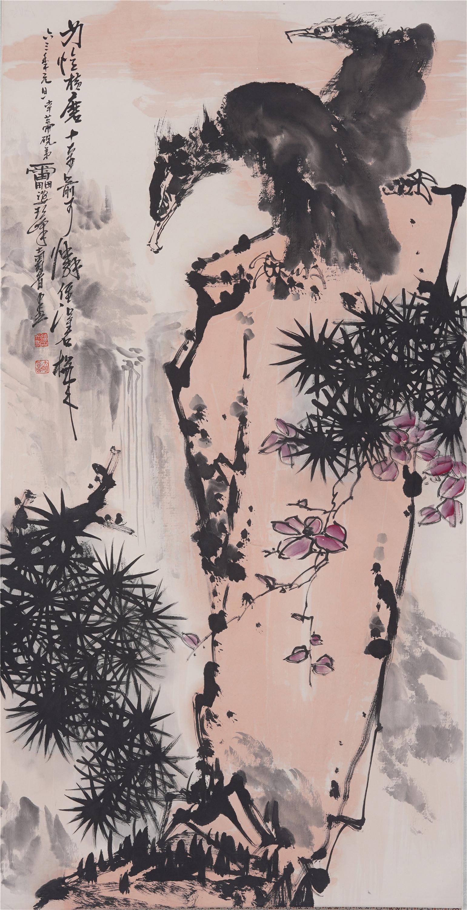 A CHINESE INK SCROLL PAINTING OF EAGLE ON THE ROCK (1 of 6)