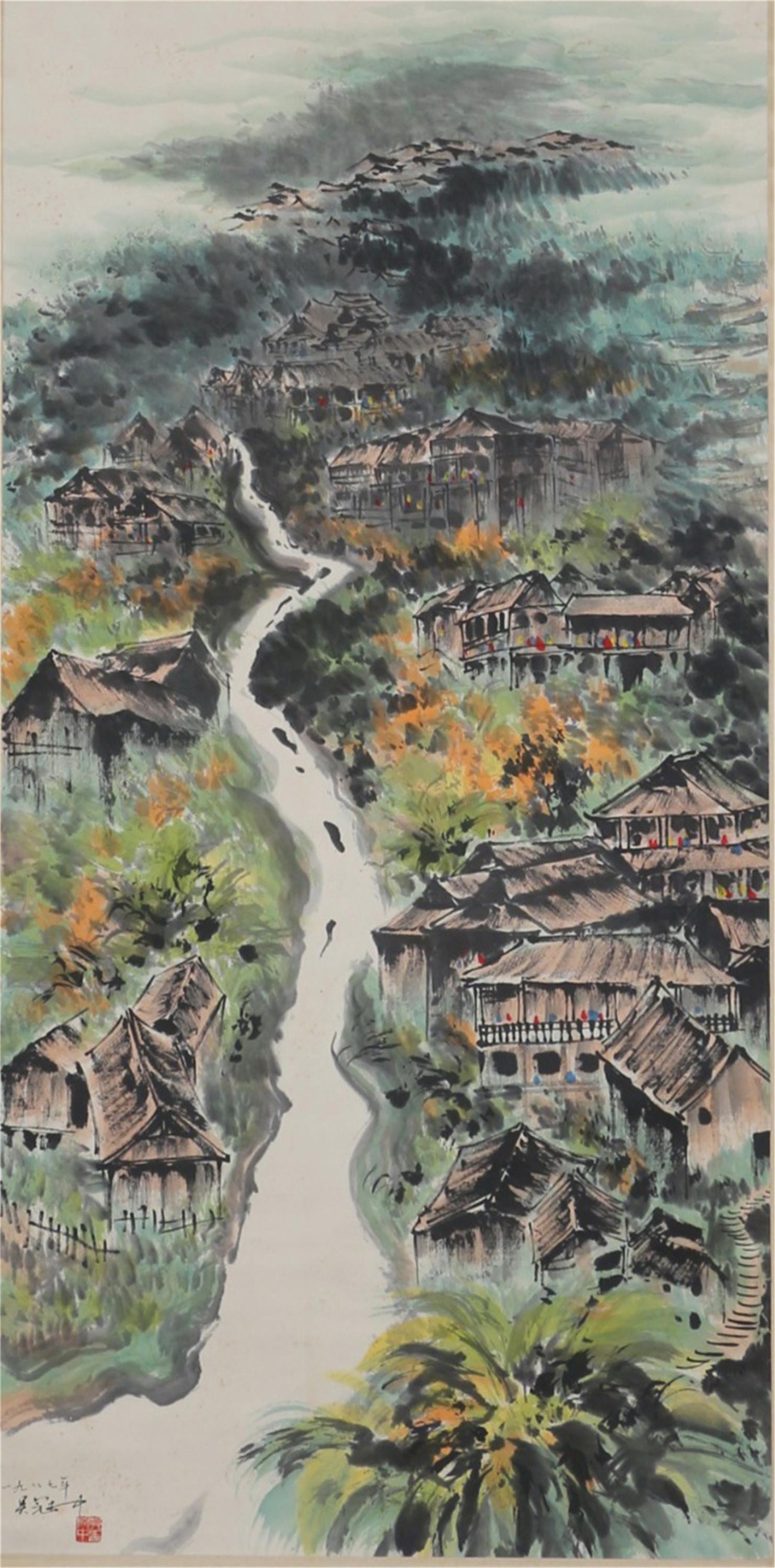 A CHINESE SCROLL PAINTING OF LANDSCAPE: Image only size 137 cm by 68 cm.