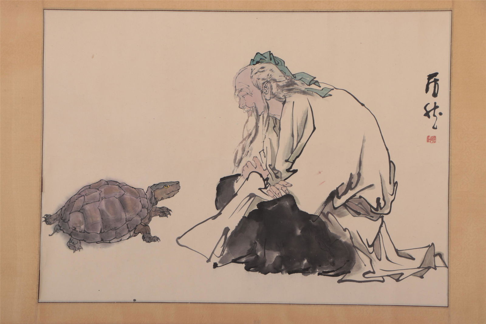 A CHINESE PAINTING DEPICTING OLD MAN AND TURTLE: Image only size 67 cm by 49 cm.