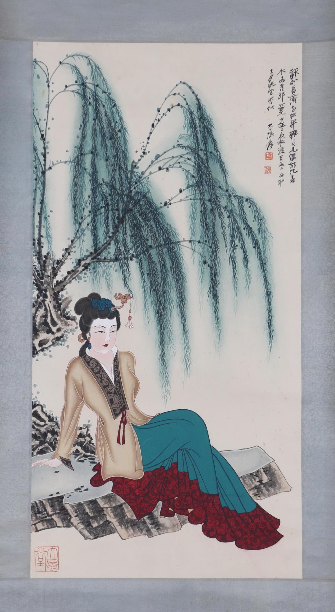 A CHINESE PAINTING OF LADY UNDER WEEPING WILLOW (1 of 8)