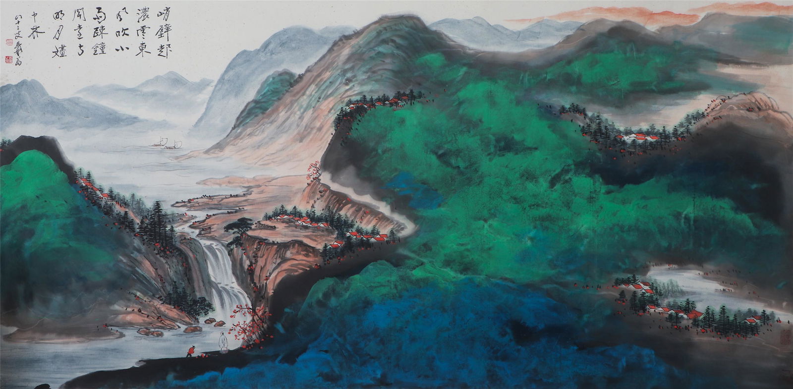 A CHINESE PAINTING OF MOUNTAINS AND RIVER LANDSCAPE: Image only size 117 cm by 236 cm.