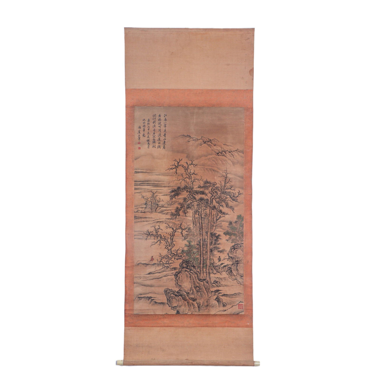 A CHINESE PAINTING OF MOUNTAINS LANDSCAPE,SIGNED WANG HUI: Image only size 104 cm by 55 cm. The paintings depict landscapes, with figures sitting on the bank, trees and strange rocks. Scroll painting. There are inscriptions and seals by the author.