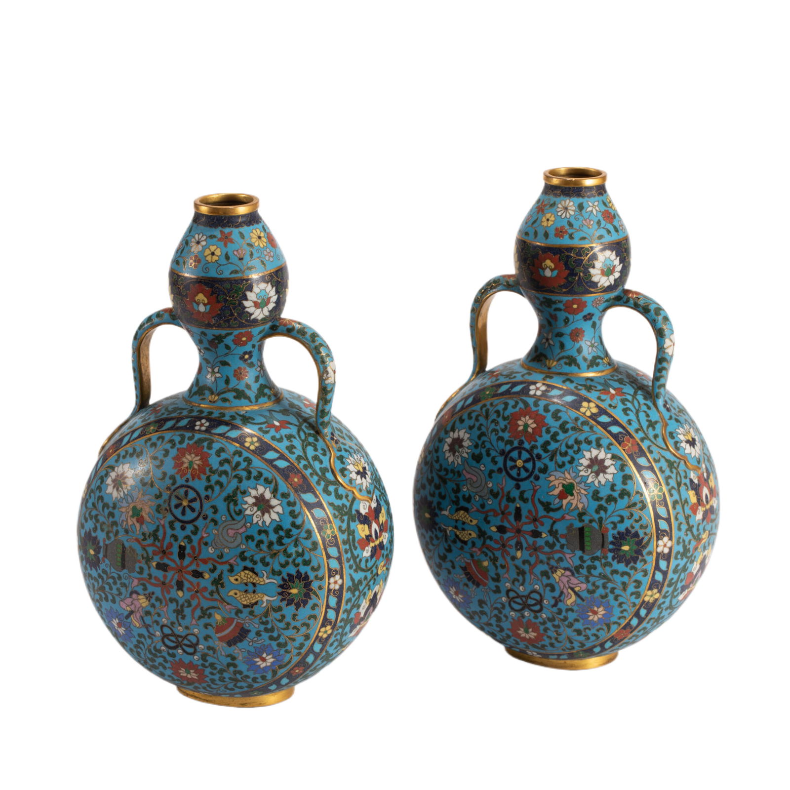 A PAIR OF CLOISONNE FLASK MOON VASES: L. 17 cm. W. 12 cm. H. 29 cm. Weight 3350 gram.