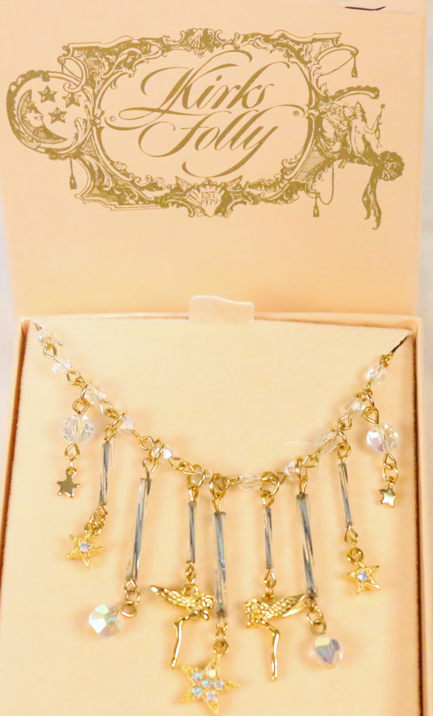 NEW Kirks Folly crystal angels, stars dangle charms crystals gold tone necklace adjustable (1 of 6)