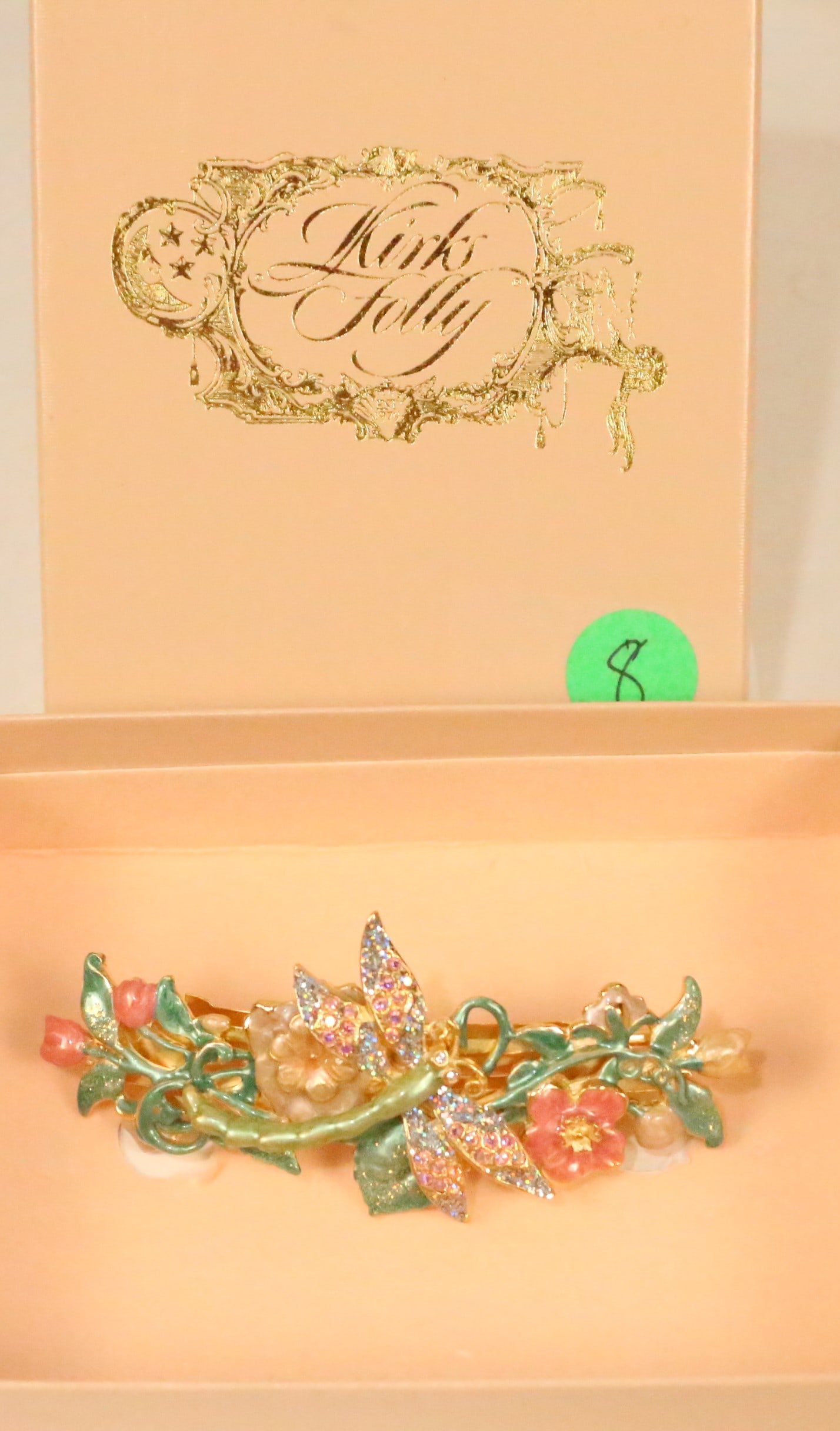 NEW RARE Kirks Folly LARGE ENAMEL ab CRYSTAL Hair Barrette France USA: New in original box stunning enamel, crystal, dragonfly ab crystal, enamel flowers on brushed gold. Stamped on the back KIRKS FOLLY France USA. Measures 4" long x 2" high. NEW condition
