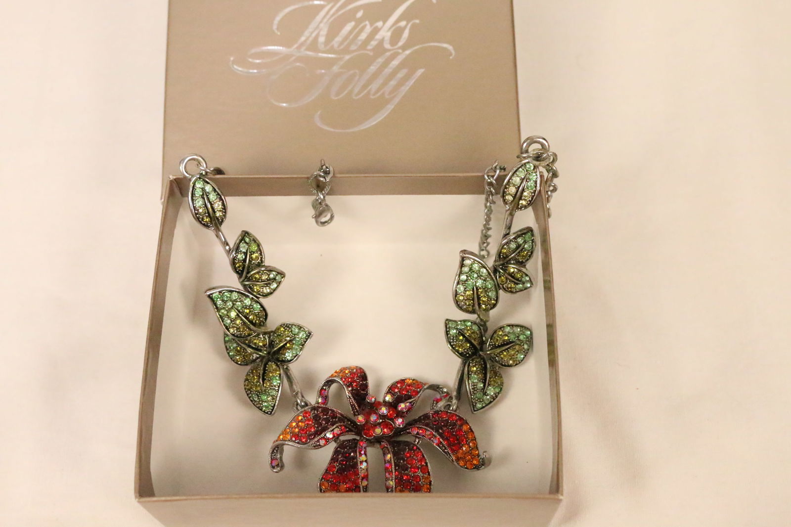 Kirks Folly Red Orange AB green crystal silver tone adjustable necklace in the box. (1 of 7)