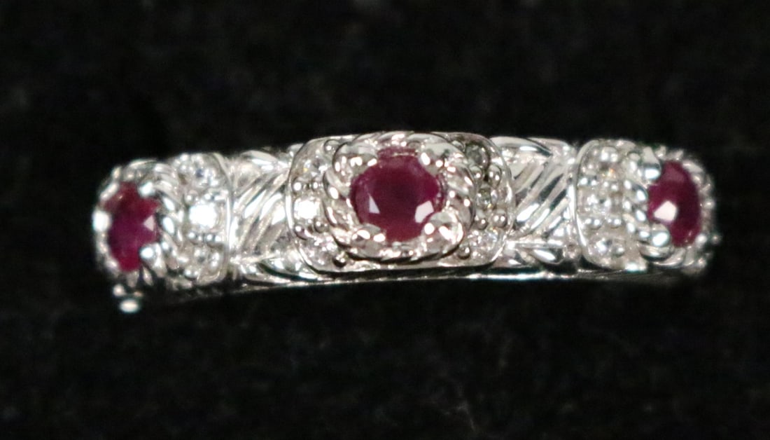Judith Ripka Sterling Silver Ring Red ruby & CZ station ring (1 of 8)