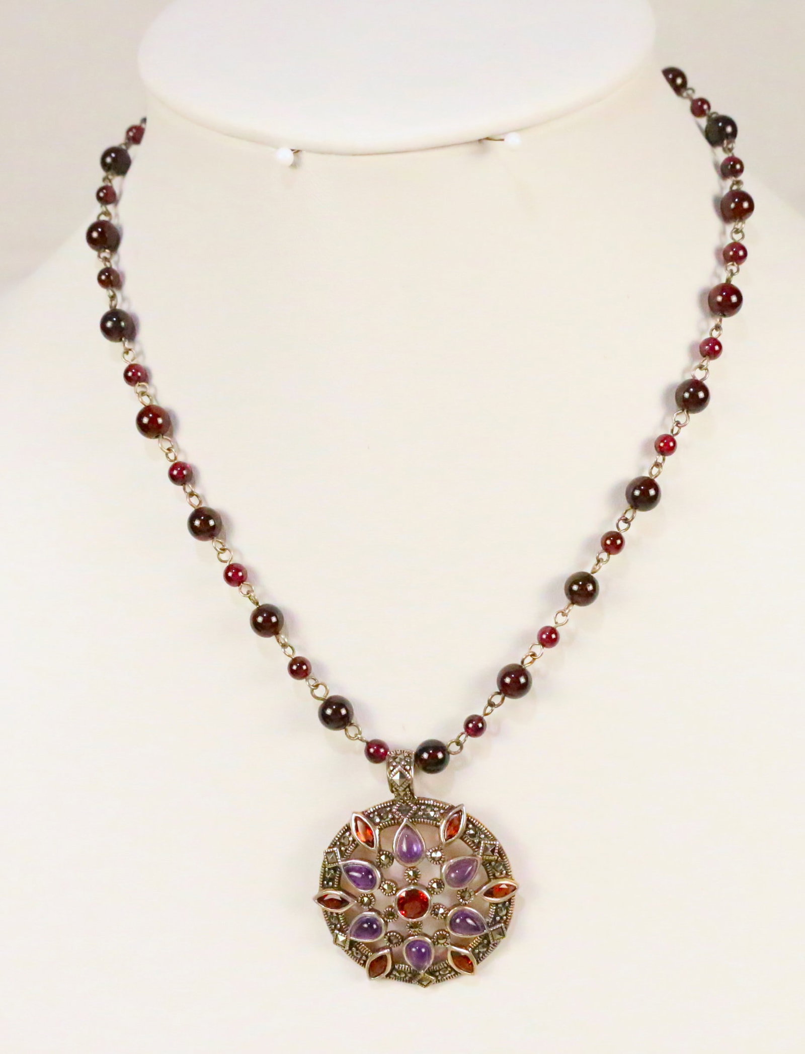 Sterling Silver Amethyst Garnet Marcasite Beaded Pendant Necklace (1 of 3)