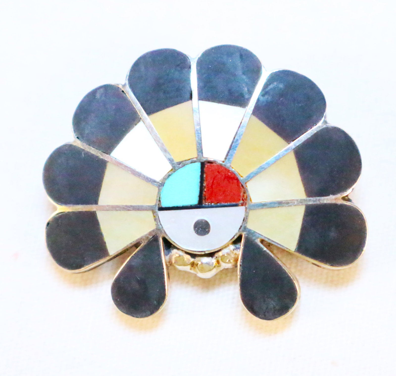 Sterling Silver FDS MOP, ONYX TURQUOISE, CORAL, Native Zuni Brooch Pendant (1 of 2)