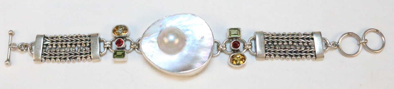 Sterling silver Bali style HUGE Blister pearl garnet, topaz toggle bracelet (1 of 6)