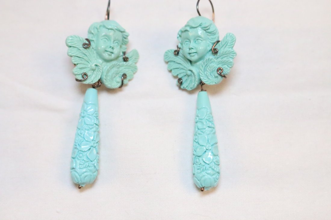 RARE Sterling silver Marcello Fontana Cherub Faux Turquoise earrings (1 of 6)