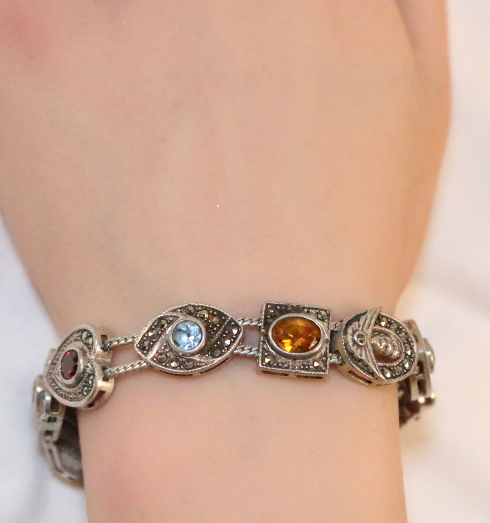 Sterling Silver Vintage Multi gemstone marcasite slide bracelet (1 of 7)