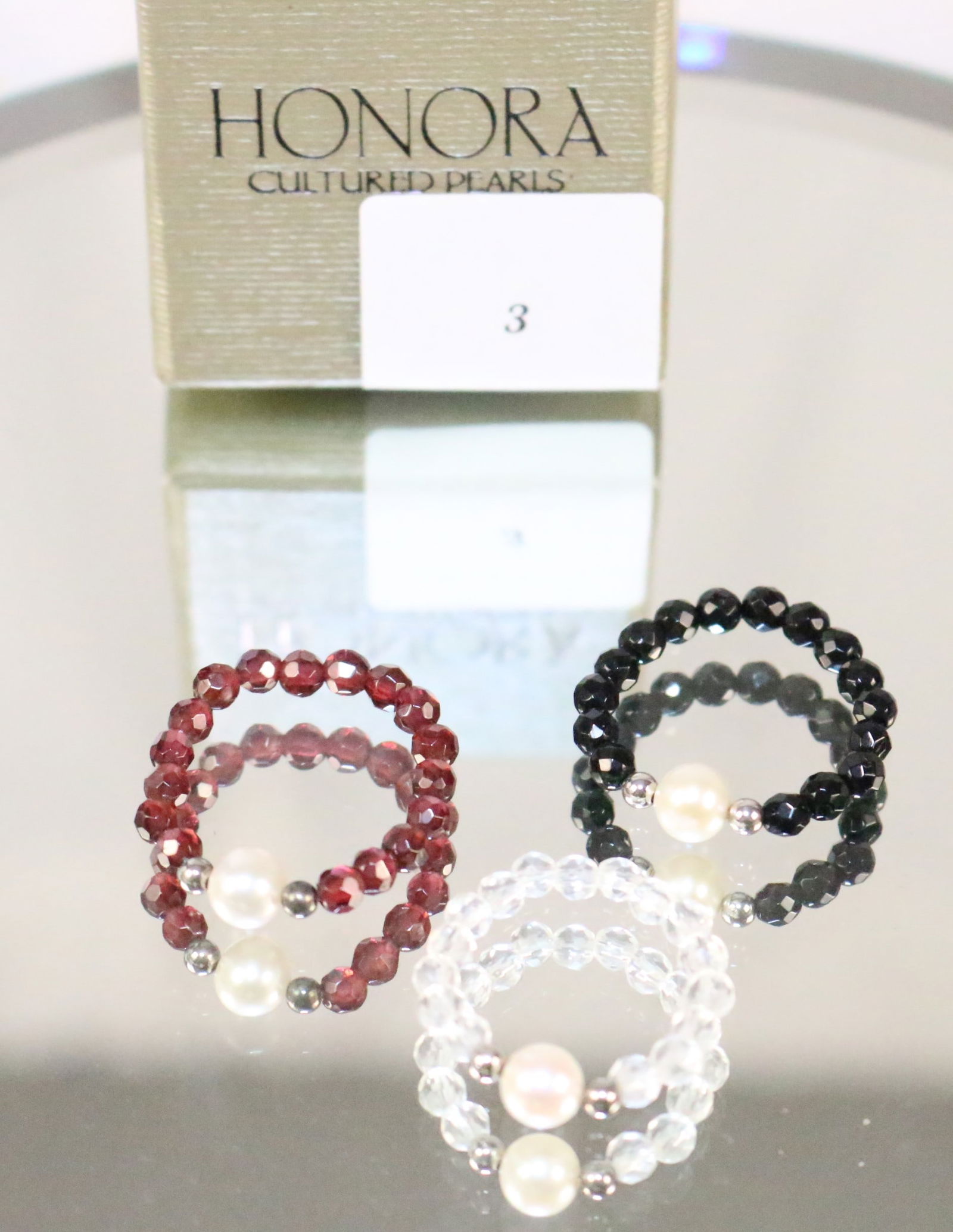 Brand New Honora Sterling Silver Pearl Multi stone stretch rings Set of 3 (1 of 3)