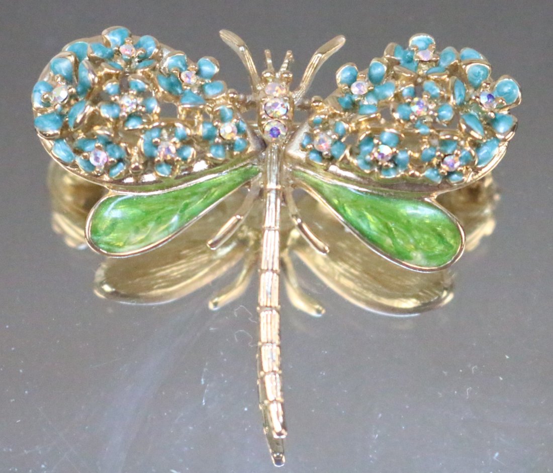 Kirks Folly Glass Crystal Enamel Butterfly Dragonfly Brooch: Stamped: Kirks folly Enamel and AB crystal top wing and glass bottom wings. DIMENSIONS: 2" x 2"