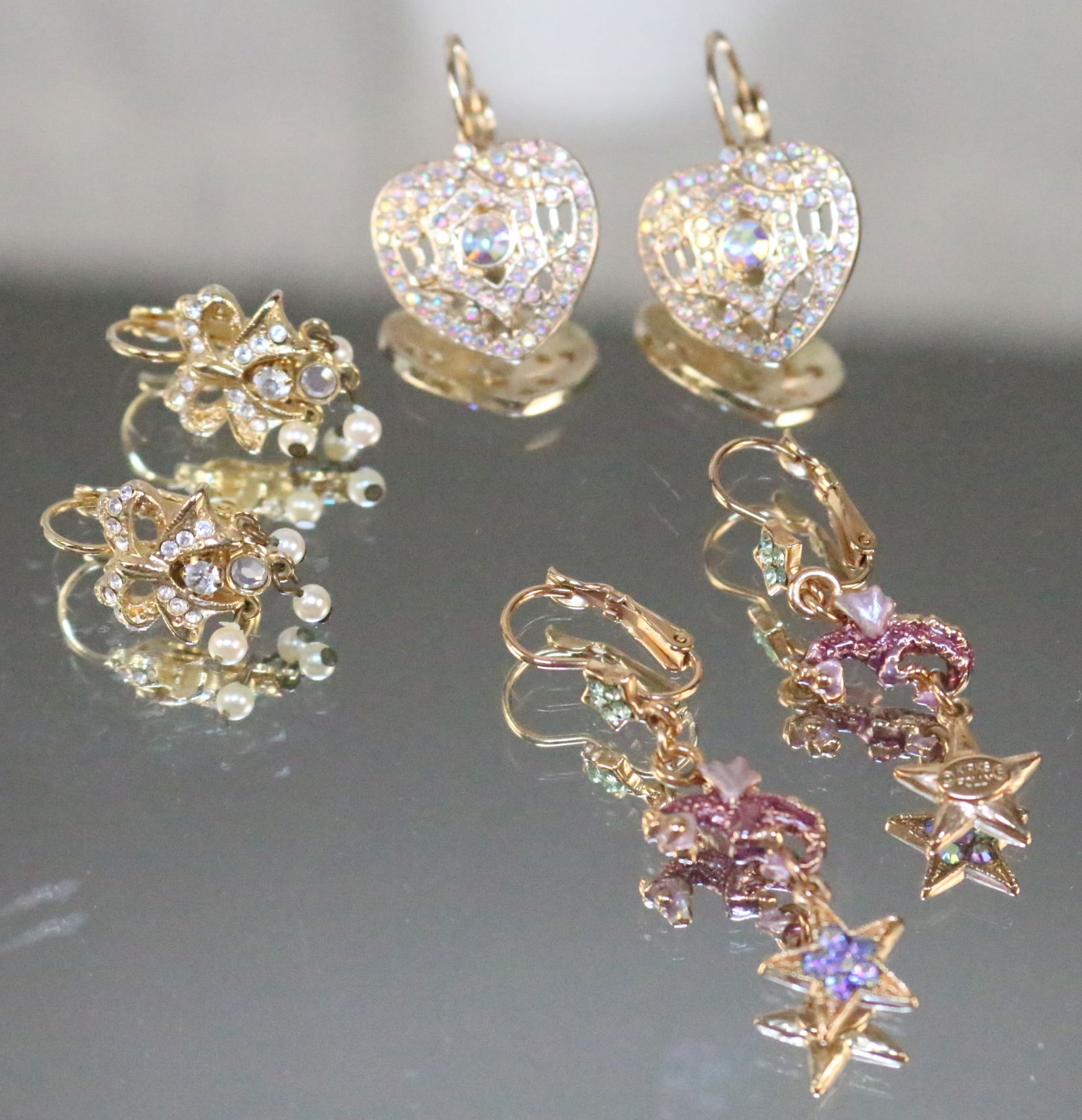 Kirks Folly Crystal Earrings lot of 3 pair Hearts, Dragons stars  & bows. (1 of 8)