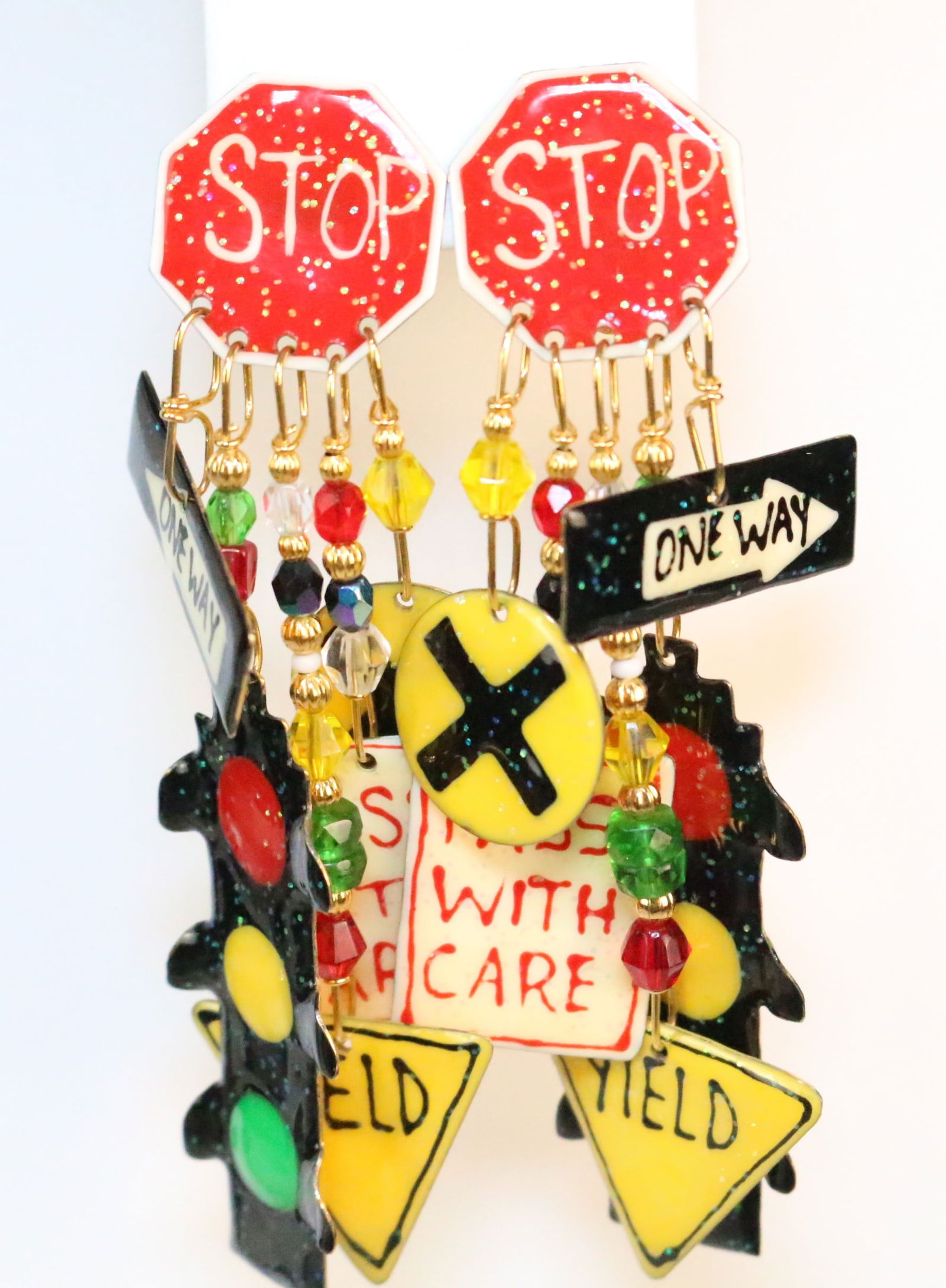 Vintage Lunch at the Ritz 24kt GP Enamel Crystal Road Signs Clip  Earrings (1 of 9)