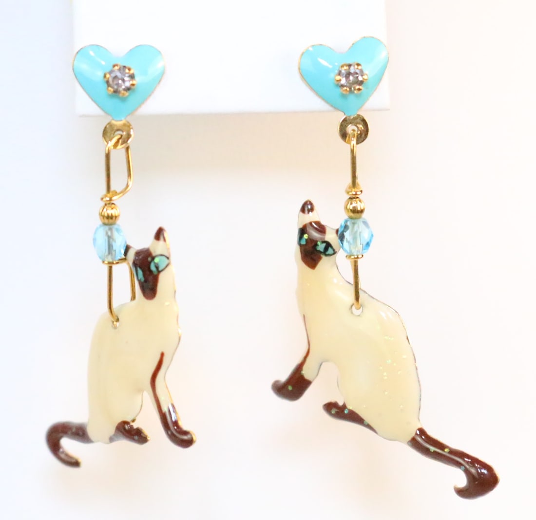 Lunch at the Ritz 24kt GP Enamel Crystal Siamese Cat Pierced Earrings (1 of 5)