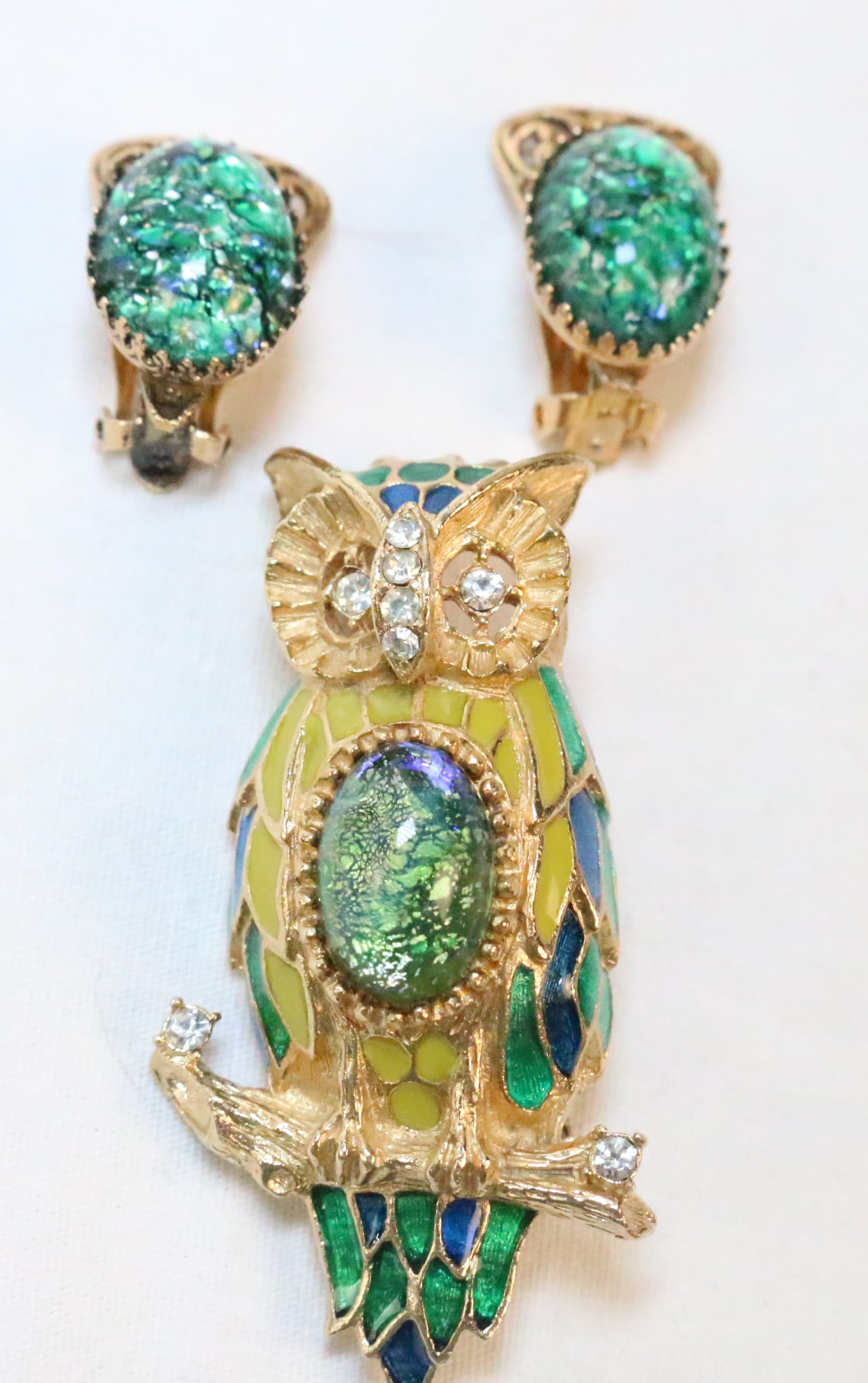 Vintage Florenza Demi Parure Owl Brooch & Earrings Set Jelly Belly (1 of 8)